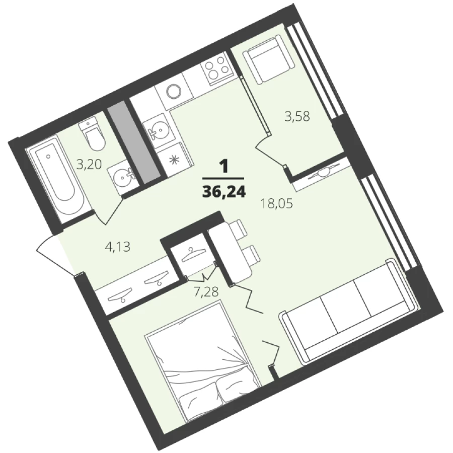 1-ая квартира улучшенной планировки 36,24 м2